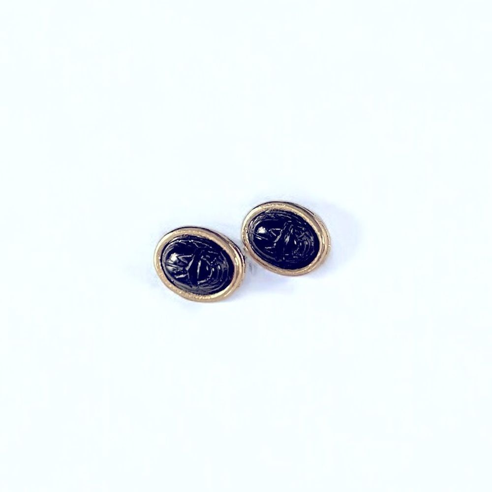 Vintage Black Scarab Gold Post Stud Earrings - Picture 3 of 5